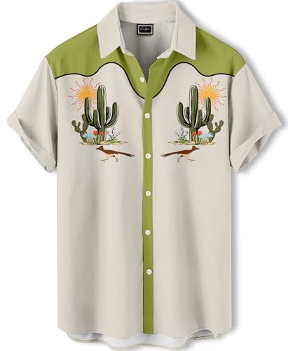 DADDYLOCO Desert Cactus Bowling Shirt, Cream with Olive Green Accents, Regular Fit, Short Sleeve