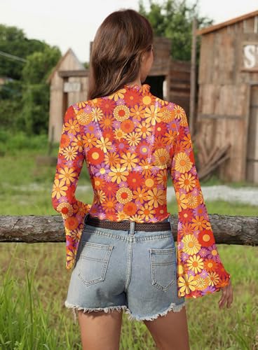 Women's Halloween Bell Sleeve Hippie 60s 70s Mock Neck Shirt Boho Party Retro Crop Top Renaissance S