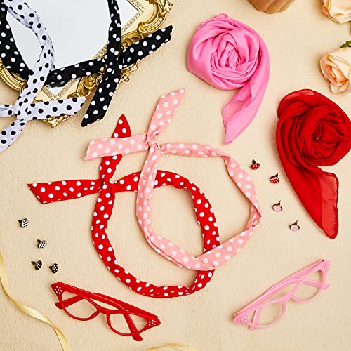 Toulite 20 Pcs 50s Women Costume Accessories Set Includes Cat Eye Glasses Chiffon Scarf Polka Dot Bandana Tie Headband Dot Earrings Gloves for Halloween Party