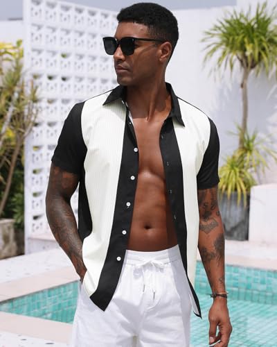 Aiyino Mens Vintage Bowling Shirt Retro Striped Button Down Beach Top Black