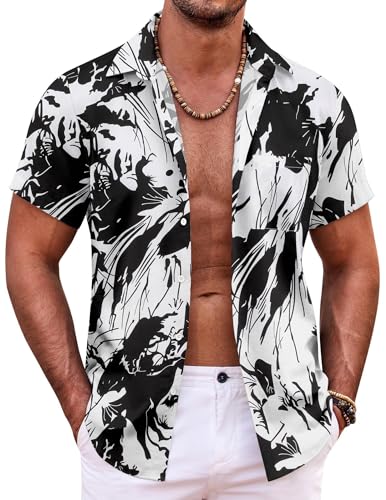 COOFANDY Short Sleeve Button Down Shirt for Men Hawaiian Aloha Shirts Casual Beach Shirt Vintage Bowling Shirts Black
