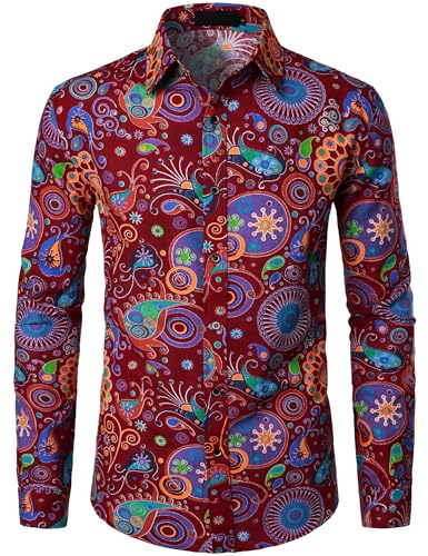 PARKLEES Men's 70s Hippie Vintage Long Sleeve Shirt Burgundy XL