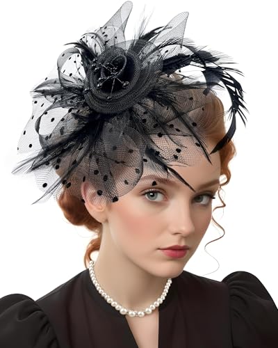 Bnsikun 50s Fascinators Hat Set for Women Tea Party Headwear Lace Bowknot Gloves Pearl Jewelry Set Wedding Cocktail (Black)