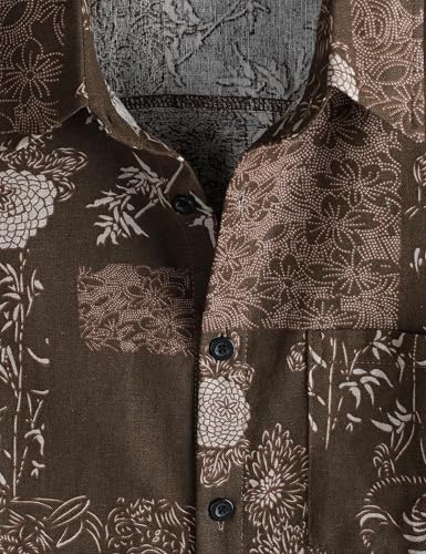 PARKLEES Men's 70s Hippie Vintage Hawaiian Shirt Brown Flower XL