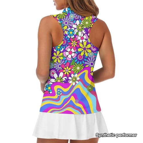 POLERO Women 70s Golf Shirts Sleeveless Half Zip Dry Fit Golf Tops Groovy Hippie Flower Tennis Shirts Retro Floral Athletic Tank Tops Size L