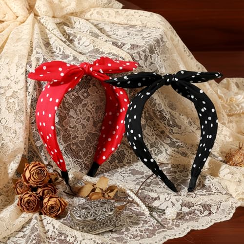 Sorcristy Red Polka Dot Bow Headbands for Women, Vintage 50s Bunny Ears Hairband, Retro Bandana Headpiece for Costumes Party Halloween (Red, Black)