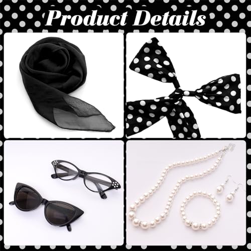 Fumwase 7PCS 1950s Costume Accessories for Women Cat Eye Glasses Hair Accessories Earring Bracelet Necklace Scarf for Halloween (Black)
