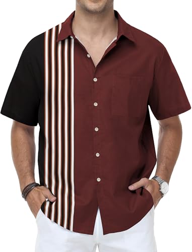 KYKU Vintage Bowling Shirt Retro Button Up Shirts for Men 1950s Short Sleeve Mens Clothes Wine Red M