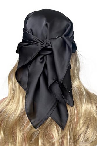 CHUNG Women's Scarf Satin Solid Color Fashion Girls Scarves bandana 50s Retro Emulation Silk Handbag Hair Ribbons Handkerchief Necktie Square 27.5",Black