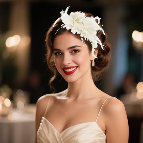 Pistha Womens Fascinators Hats Tea Party Hats for Women, Feather Pearl Veil Headband for Wedding Cocktail Dresses Accessories