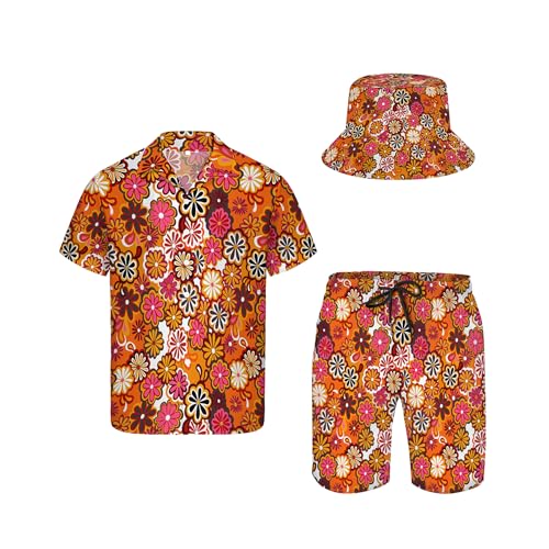 QWEHHEVG 70s Disco floral patterns Men's Button Shirt Beach Shorts Set, Hawaiian Short Sleeve Shirt Quick Dry Beach Shorts 2 Pcs with Bucket Hat