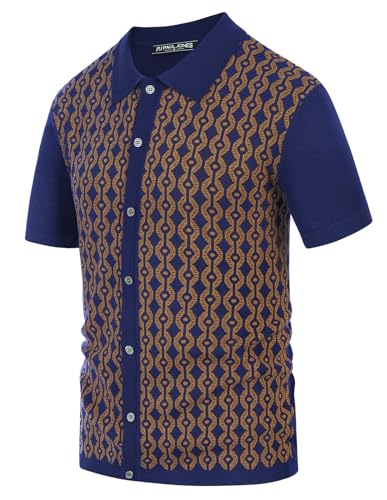 Men's Vintage 70s Polo Shirts Casual Short Sleeve Bowling Shirt Navy/Gold M