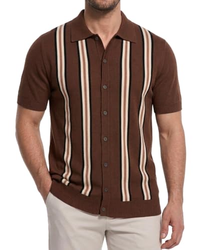 Mens Vintage Knit Shirts – 70s Short Sleeve Polo Shirts for Men – Retro Knit Button Down Shirt – Old Money Clothes Men Coffee Brown