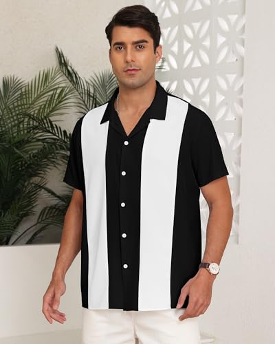 YTD Men's Vintage Bowling Shirt Short Sleeve Button Down Summer Cuba Beach Shirts Black White