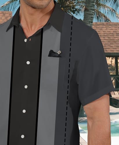 KYKU Retro Bowling Shirt Short Sleeve Mens Button Up 50s Shirts for Men Summer Clothes with Pocket, Dark Gray, 3XL