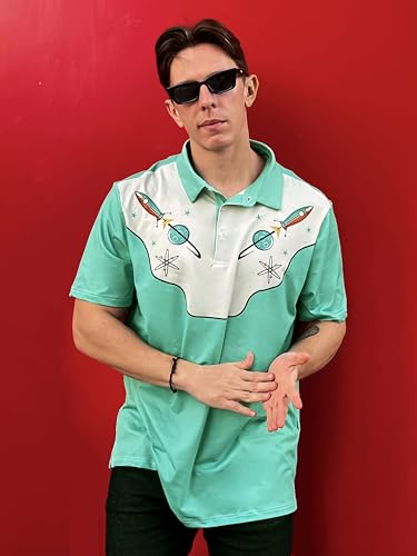 COOLLYME Retro Space Rocket Polo Shirt, Green and Beige, Short Sleeve, Polyester, Atomic Design, Regular Fit