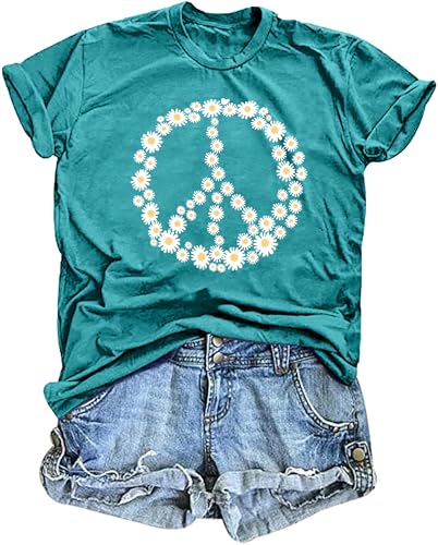 Peace Sign Love T-Shirt for Women Flower Graphic Shirt Hippie Short Sleeve 60s 70s Shirt Inspirational Tee Tops（Cyan,Medium）