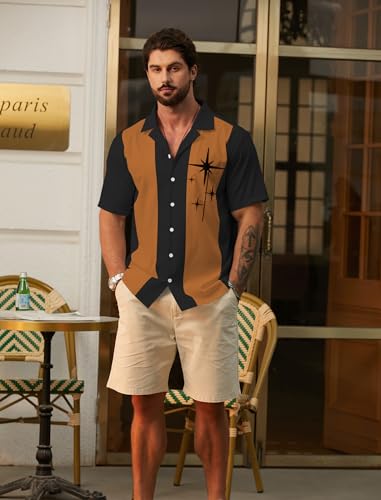 Hardaddy Men's Vintage Bowling Shirt 1950s Short Sleeve Casual Button Down Summer Beach Camp Collar Shirts Cameo Brown M