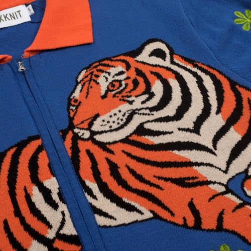 OXKNIT Men's Knit Short Sleeve Shirts Vintage Tiger Pattern Knitted Polo Shirt Blue Cotton Polo with Zipper and Pocket