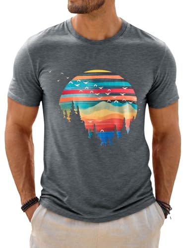 Runcati Mens Short Sleeve T-Shirts Graphic Crewneck Shirt Printed Tees Grey