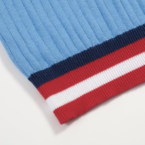 OXKNIT Men's Knit Short Sleeve Shirts 1960s Retro Stripes Knitted Polo Shirt Blue Cotton Polo Shirt with Quarter Button