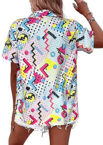 80s 90s Outfits for Women Hawaiian Retro Party Disco Neon Outfits Neon Short Sleeve Button Down Blouse Tops B White M