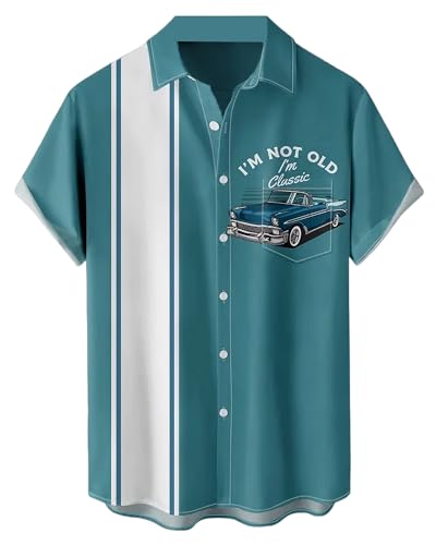 YBHUO Bowling Shirts for Men Retro Car Stripe Print Short Sleeve Casual Button Down Beach Shirt