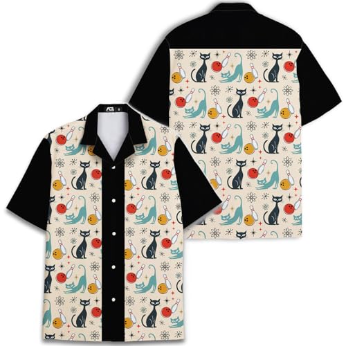 Retro Cat Bowling Vintage-Inspired 80s Hawaiian Shirts for Men 90s Hawaiian Shirts Short Sleeve Button Down Shirt