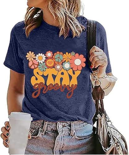 Retro Stay Groovy Shirt Women Floral Graphic Tee Hippie Vintage 70s Disco Peace Casual Short Sleeve Top Blue S