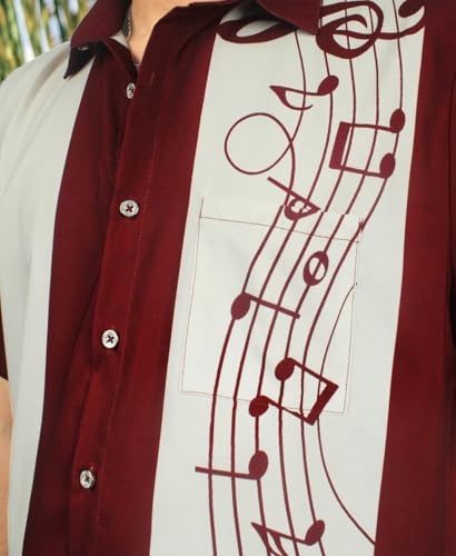 KYKU Mens Retro Bowling Shirts 50s Costume Men Shirt Short Sleeve Button Up Casual Wine Red 3X-Large