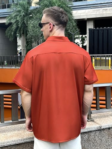 DADDYLOCO Retro Casino Bowling Shirt, Dice and Cards Print, Short Sleeve Button Down, Rust Orange