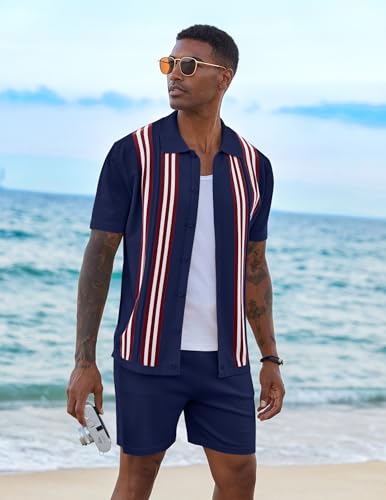 COOFANDY Men's 2 Piece Shirt Sets Vintage Knit Short Sleeve Button Down Polo Shirts Summer Beach Shorts Outfits