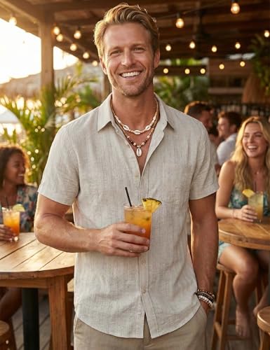 LucMatton Men's Vintage Bohemian Short-Sleeve Button-Down Shirt Casual Regular-Fit Striped Textured Summer Beach Tops Beige Large