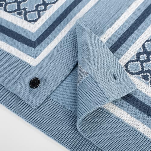 PJ PAUL JONES Men's Knit Polo Short Sleeves Shirts Button Down Summer Shirts 70s Retro Shirts Blue-Grey