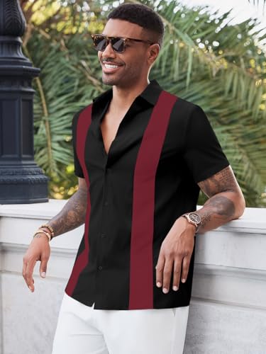 Runcati Mens Vintage Bowling Shirt Short Sleeve Button Down Shirts Casual Summer Beach Tops Burgundy