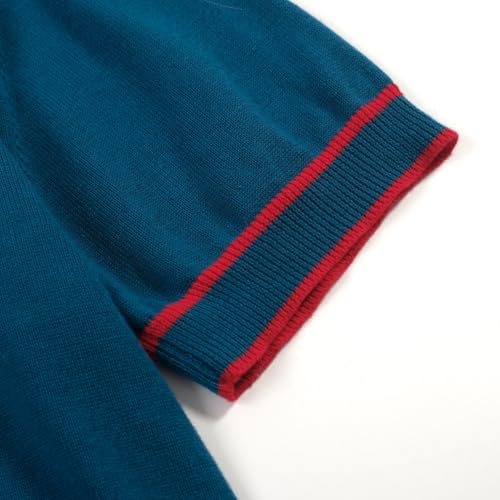 OXKNIT Men's Knit Short Sleeve Shirts Vintage Rocket Planet Embroidered Knitted Polo Shirt Blue V-Neck Cotton Mens Polo