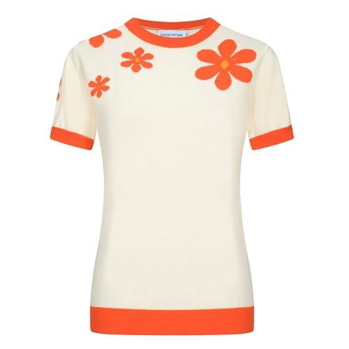 OXKnit Women's Short Sleeve Red Flowers Knitted Vintage T-Shirt, 1960s Mod Style Casual Cotton Knitted Retro T-Shirts
