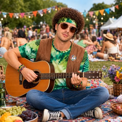 APHBPT 70s Outfits for Men - 10 Pcs Hippie Costume with Tie Dye Shirt, Fringe Vest & Accessories,60s/70s Retro Party Clothes (Green, 2XL)