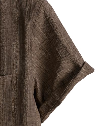 LucMatton Men's Vintage Bohemian Short-Sleeve Button-Down Shirt Casual Regular-Fit Striped Textured Summer Beach Tops Brown XX-Large