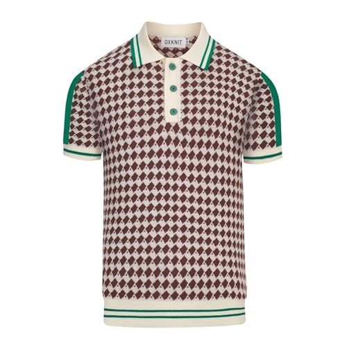 OXKNIT Men's Knit Short Sleeve Shirt 1960s Retro Brown Pattern Knitted Polo Shirt Beige Cotton Polo with Quarter Button