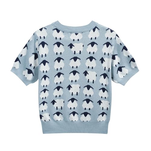 OXKNIT Women's Knitted T-Shirt Short Sleeve, 1960s Mod Style Sheep Pattern Crewneck Tops Light Blue - Cropped Length