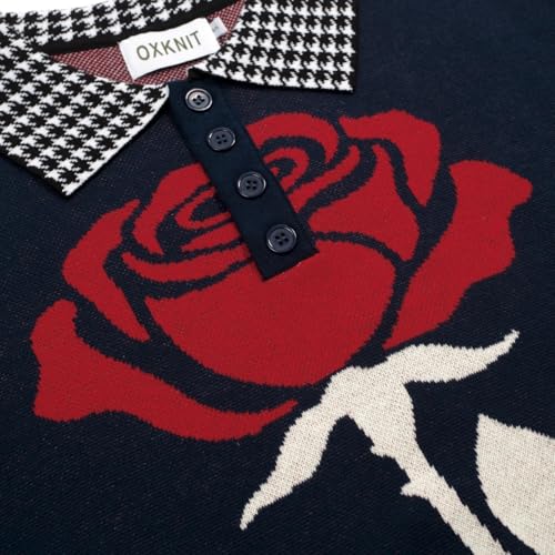 OXKNIT Men's Knit Short Sleeve Shirts 1960s Vintage Floral Pattern Dark Blue Cotton Polo Shirt with Quarter Button