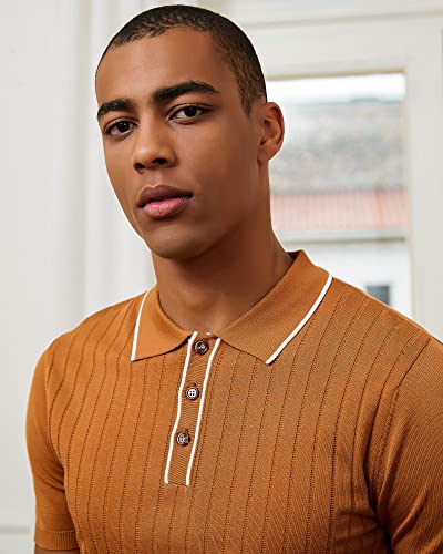 Kallspin Men's Vintage Knitted Polo Shirt Short Sleeve Solid Collared Golf Shirts with Button (Caramel Large