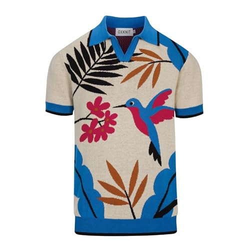 OXKNIT Men's Knit Short Sleeve Shirts Vintage Bird and Plants Pattern Knitted Polo Shirt Blue and Beige V-Neck Polo