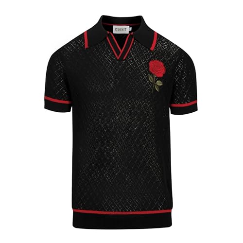 OXKNIT Men's Knit Short Sleeve Shirts Vintage Embroidery Rose Pattern Knitted Polo Shirt Black V-Neck Mesh Cotton Polo