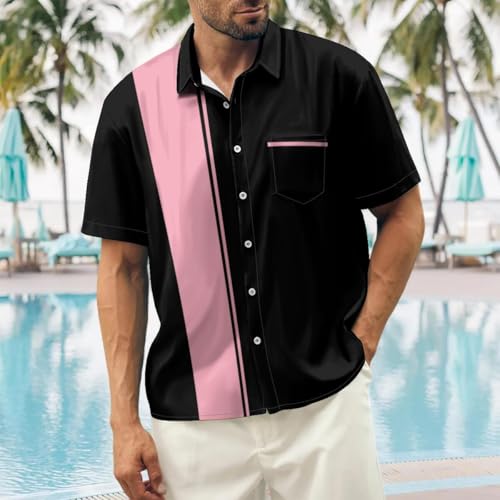 Lzzidou Men’s Retro Bowling Shirt – Short Sleeve Button Down 1950s Rockabilly Style Vintage Vertical Stripe Camp Collar Hawaiian Summer Beach Party Holiday Club Top