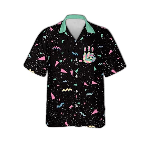 Retro Neon Bowling Hawaiian Shirt for Men 80s Style Strike Bowling Ball Shirt Tropical Aloha Button Down Summer Party Shirt