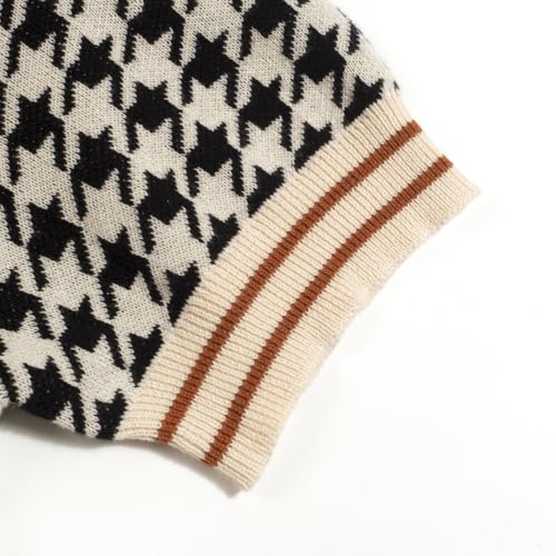 OXKNIT Button Down Knit Polo Shirts for Men, 1960s Retro Beige and Black Pattern Short-Sleeve Cardigan Tops with Pocket