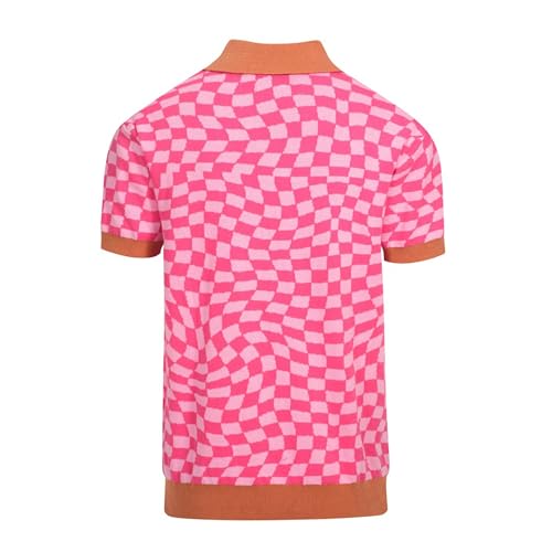 OXKNIT Men's Knitted Retro Poloshirt, 1960s Mod Style Vintage Plaid Shirt with Animal Pattern Rose Red