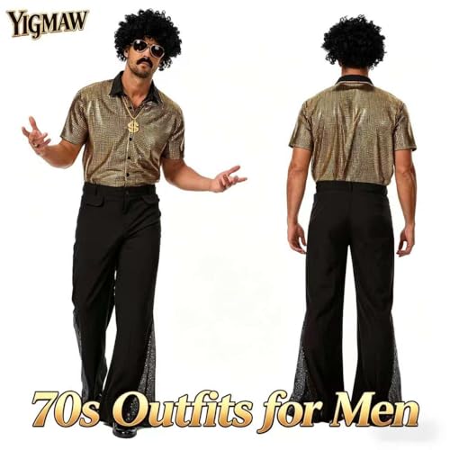 YIGMAW 70s Outfits for Men Disco Costume 7 Pcs - Mens 70s Outfit with Short Sleeve Shirt Bell Bottom Pants for 1970s Halloween Party (Gold, S)